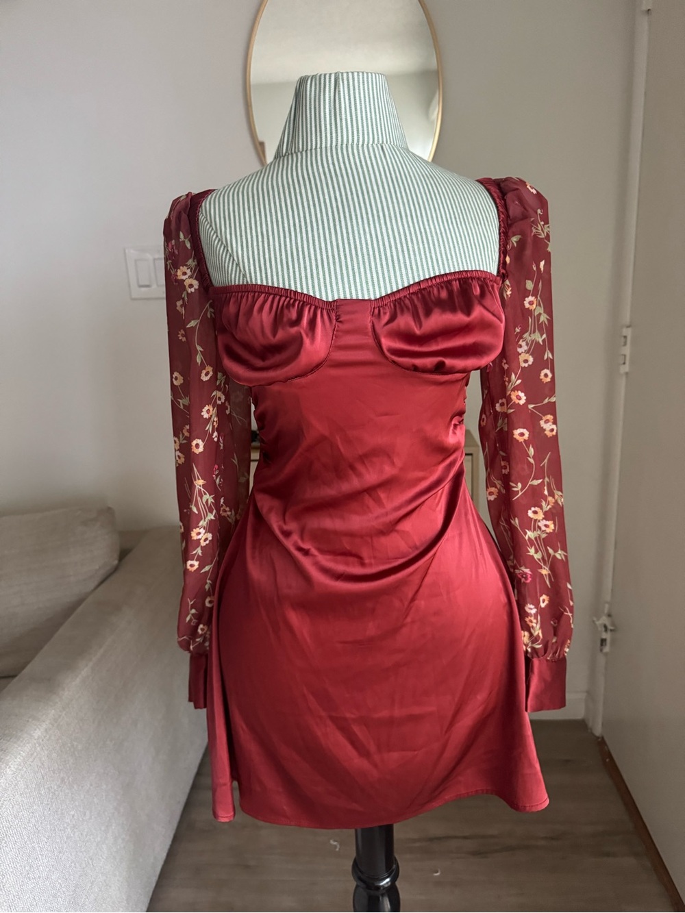DANIELLE BERNSTEIN Crimson Satin Mini Dress with Floral Sheer Sleeves - Picture 4 of 8